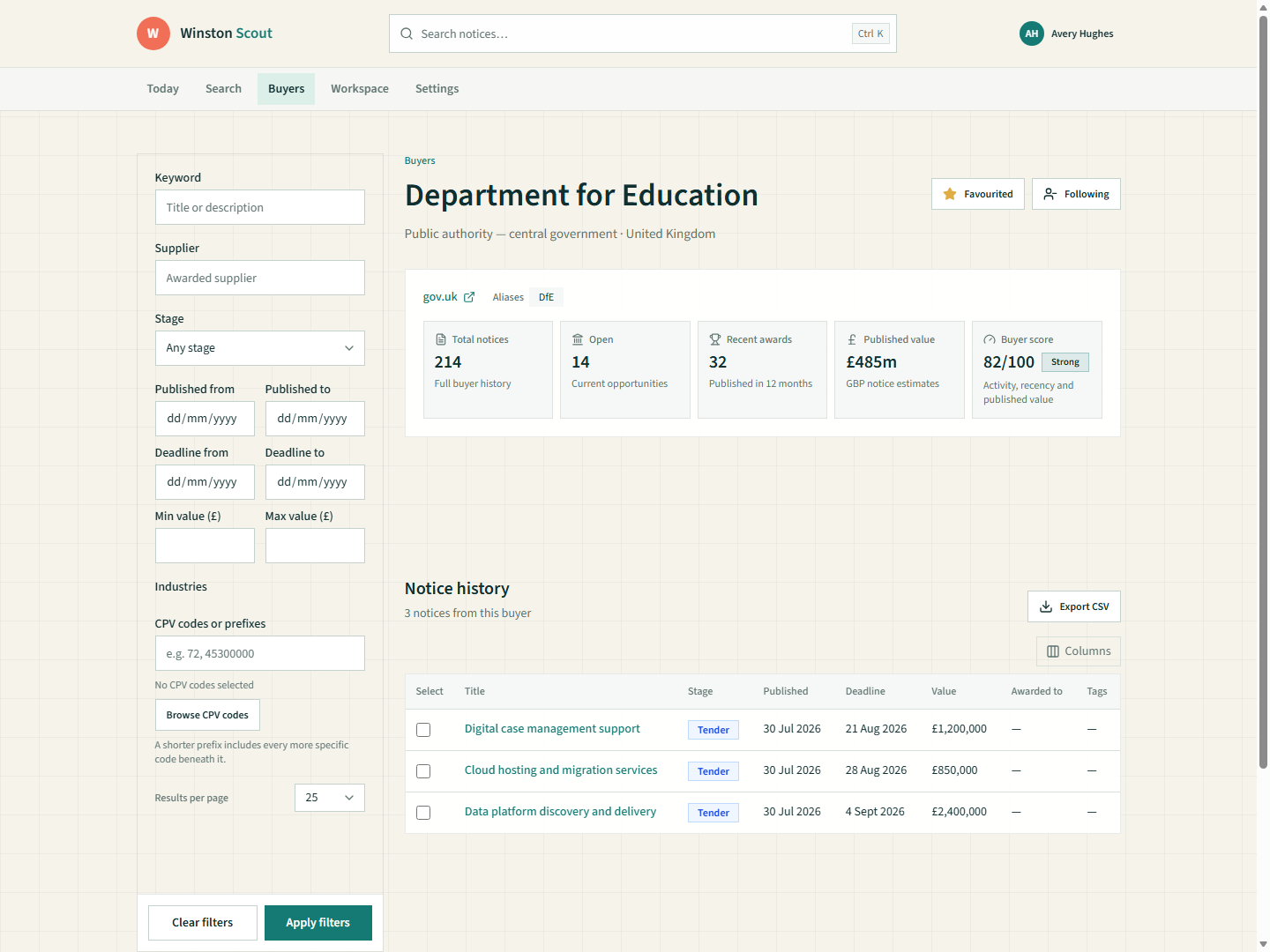 Scout buyer profile showing procurement activity, awards and buyer-following controls.